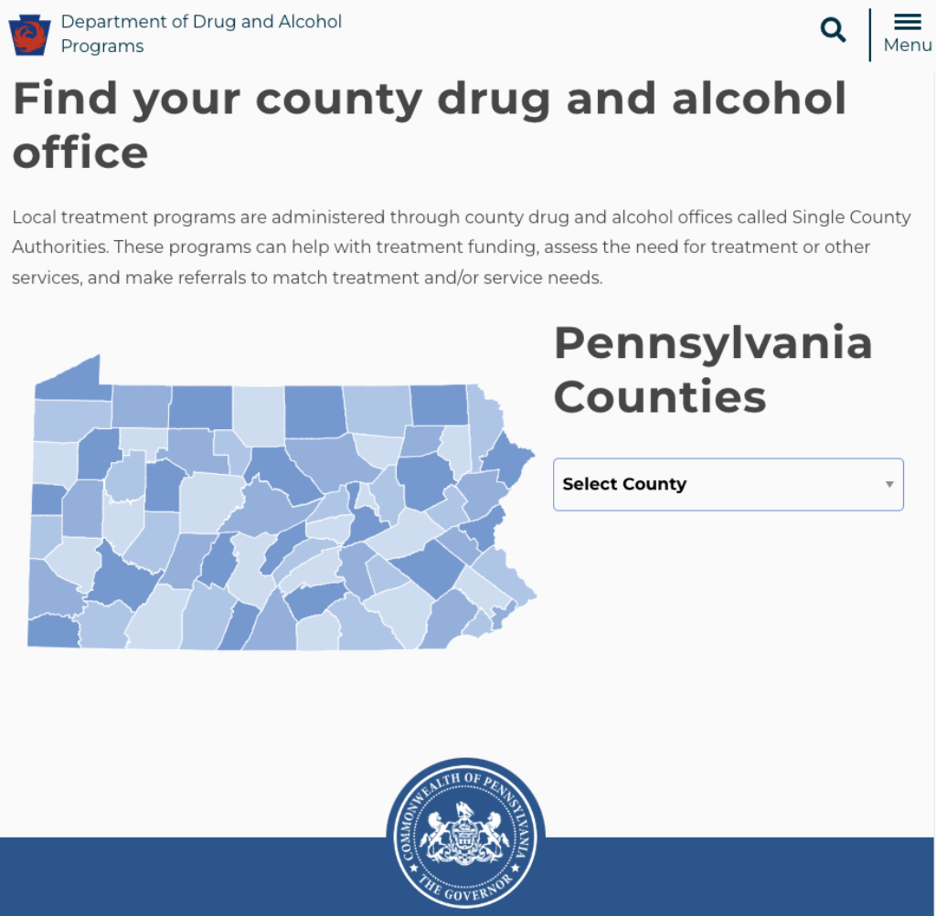 Screenshot of the Single County Authority locator webpage.